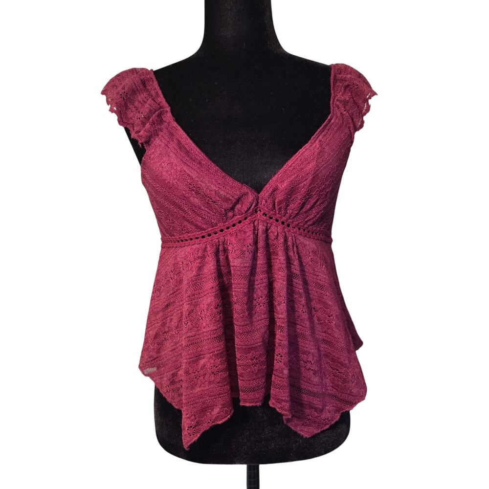 La Peche Burgundy Lace Babydoll Top Gothic Romantic Whimsygoth V-Neck Size M